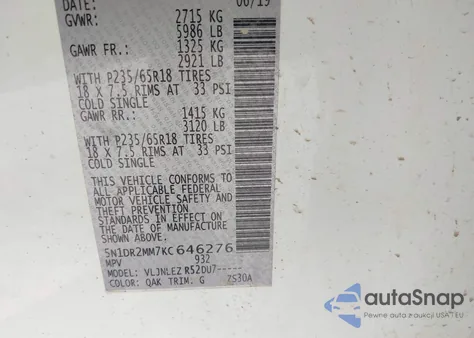 2019 Nissan Pathfinder S/Sl/Sv/Platinum from USA, damaged, VIN 5N1DR2MM7KC646276